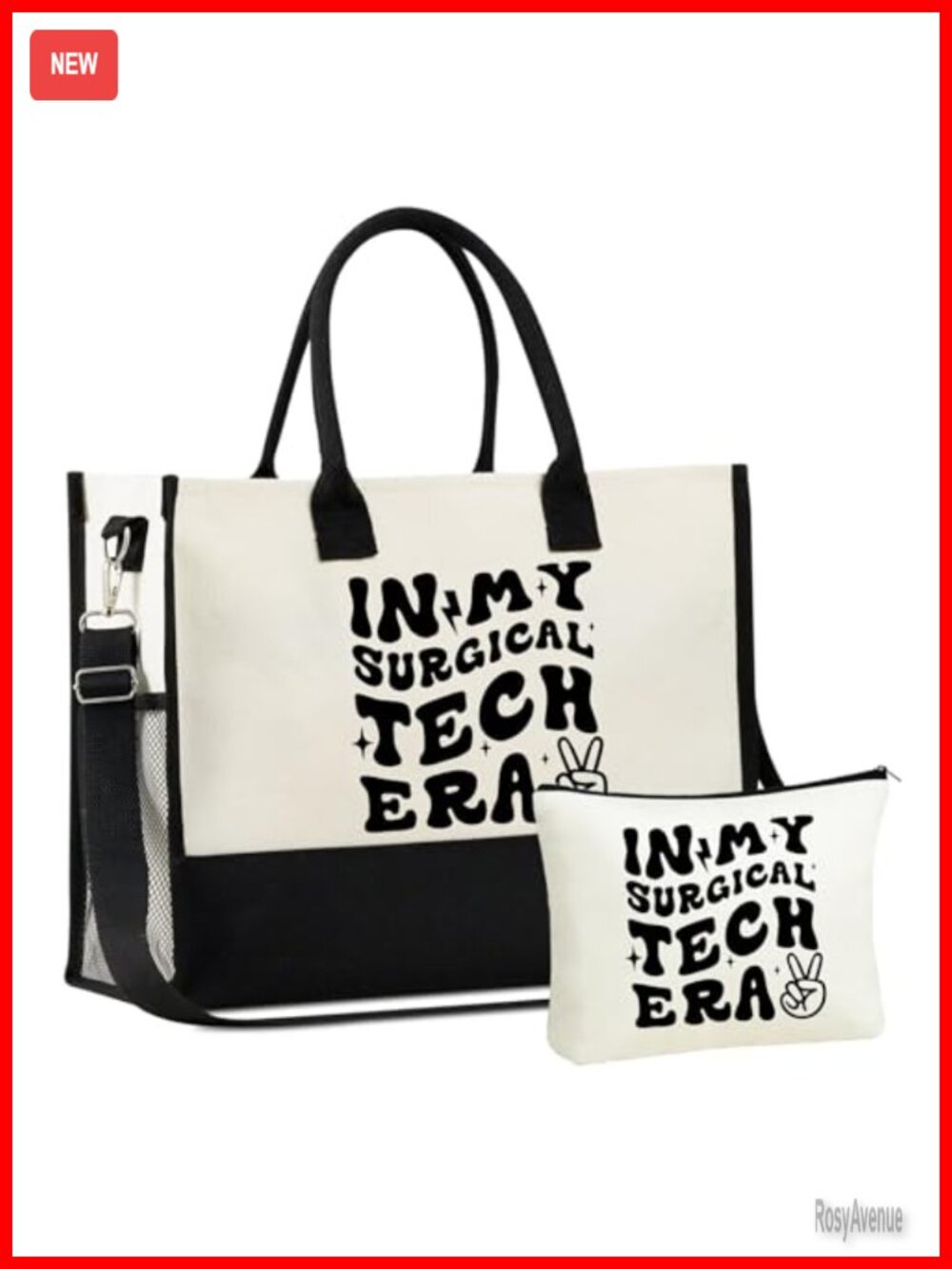 Canvas Tote Bag Large Capacity Zip Top with Makeup Pouch & Strap